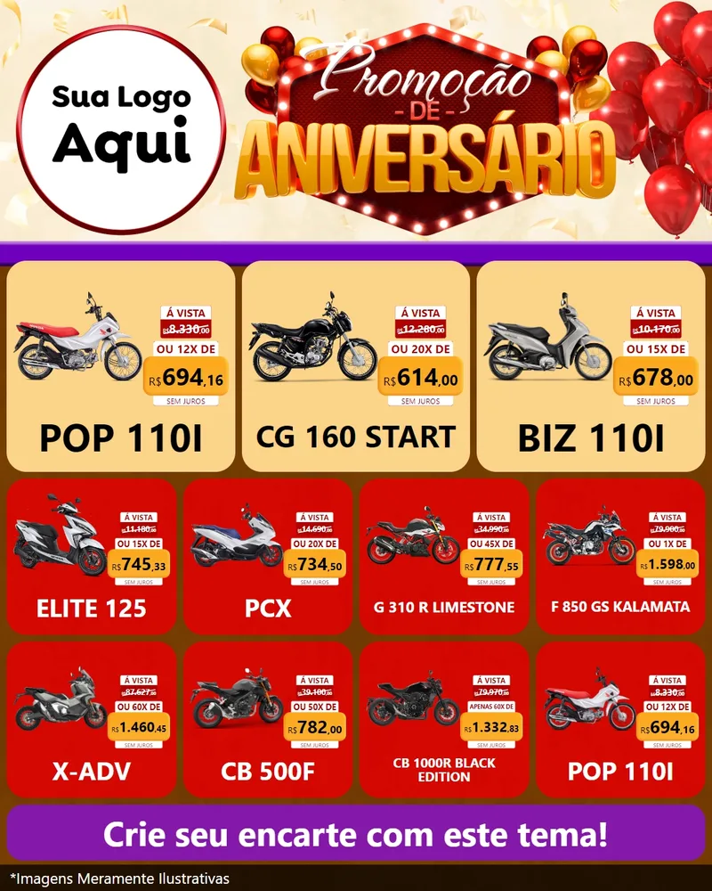 Modelo de Rede Social para Feed Instagram com o tema Promoção de Aniversário para Concessionaria de Motos