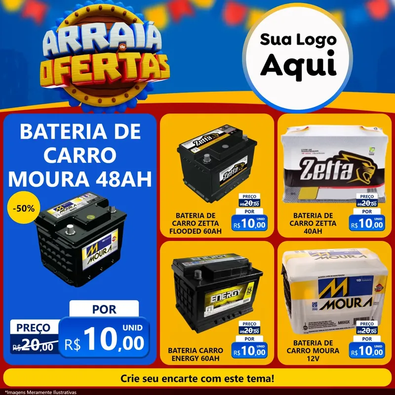 Modelo de Rede Social para Feed Facebook com o tema Arraiá de Ofertas - Junina para Baterias Elétricas