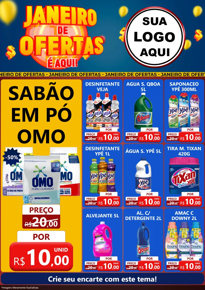 Modelo de Encarte para Encarte A4 Vertical com o tema Janeiro de Ofertas É Aqui! para Produtos de Limpeza