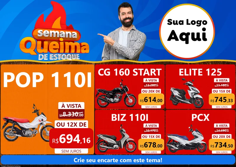 Modelo de Encarte para Encarte A4 Horizontal com o tema Semana Queima de Estoque para Concessionaria de Motos
