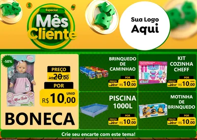 Modelo de Encarte para Encarte A4 Horizontal com o tema Especial Mês do Cliente para Brinquedos