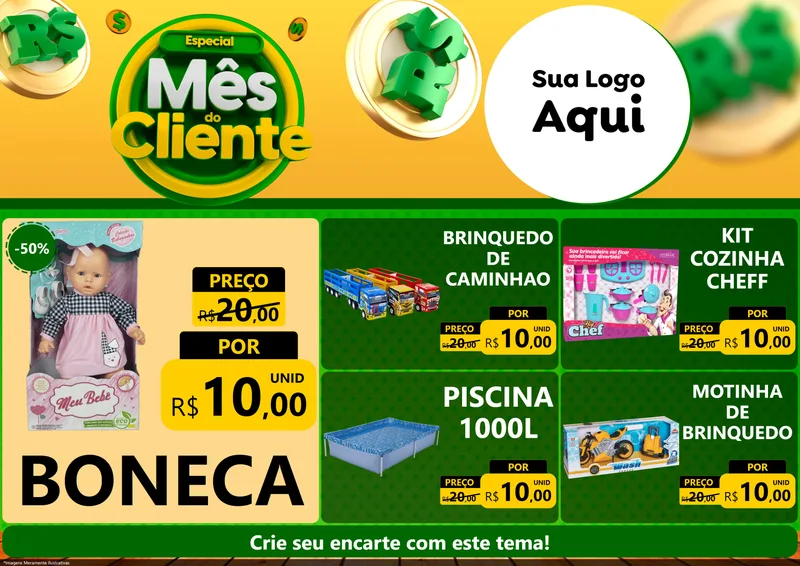 Modelo de Encarte para Encarte A4 Horizontal com o tema Especial Mês do Cliente para Brinquedos