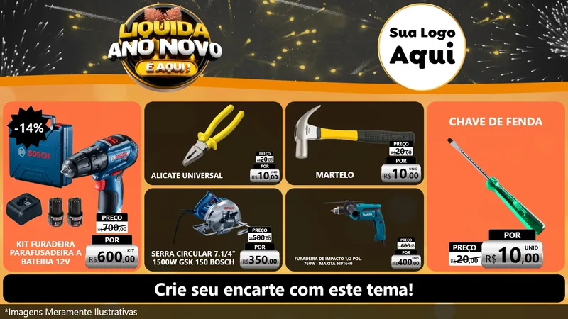 Modelo de TV para TV Horizontal com o tema Liquida Ano Novo É Aqui! para Maquinas e Ferramentas