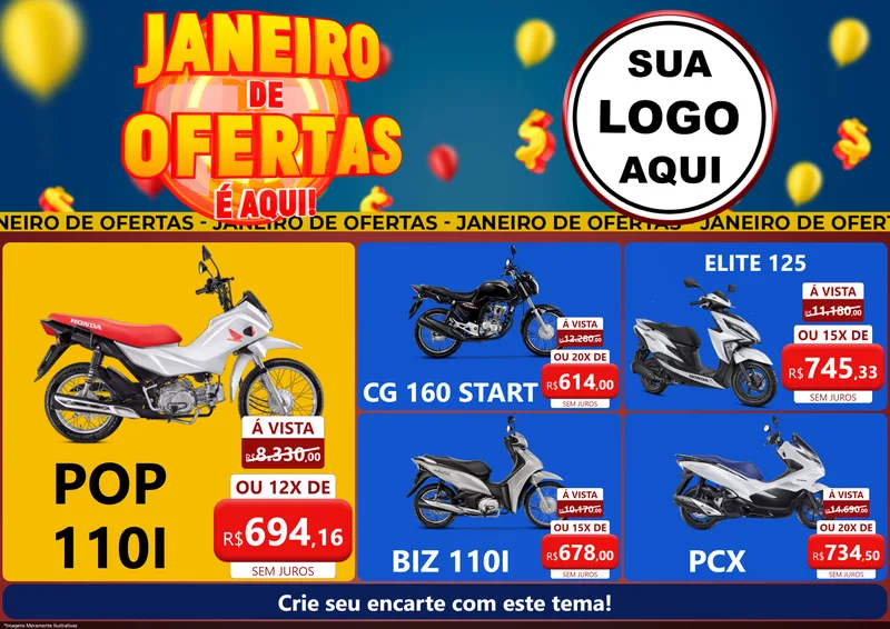 Modelo de Encarte para Encarte A4 Horizontal com o tema Janeiro de Ofertas É Aqui! para Concessionaria de Motos
