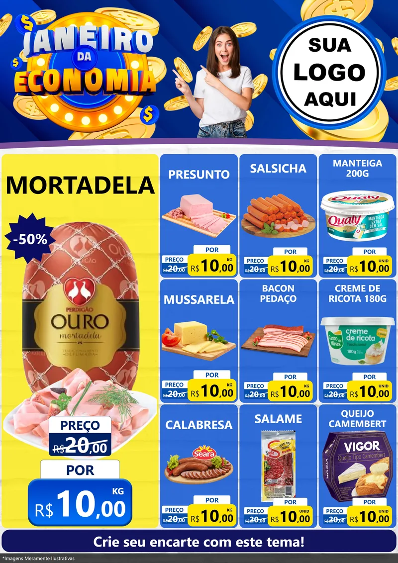 Modelo de Encarte para Encarte A4 Vertical com o tema Janeiro da Economia para Frios e Laticínios