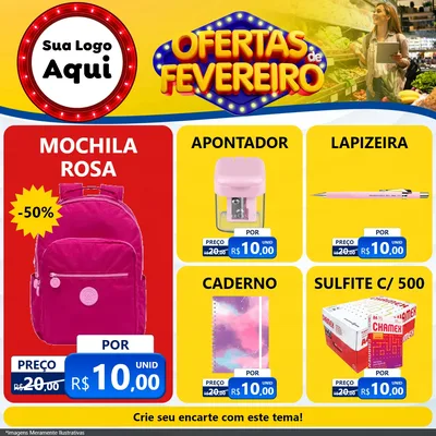 Modelo de Rede Social para Feed Facebook com o tema Ofertas de Fevereiro para Papelaria