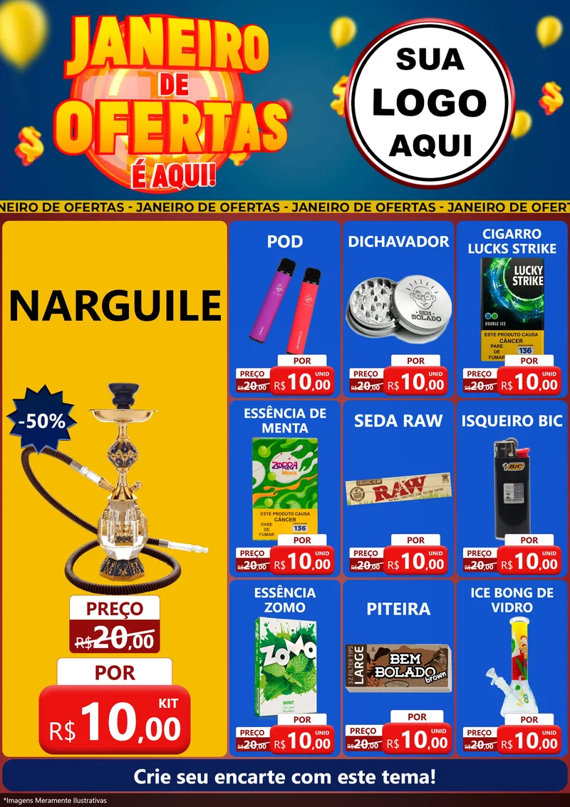 Modelo de Encarte para Encarte A4 Vertical com o tema Janeiro de Ofertas É Aqui! para Tabacaria
