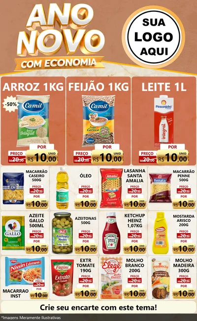 Modelo de Encarte para Encarte Grande com o tema Ano Novo Com Economia para Supermercado