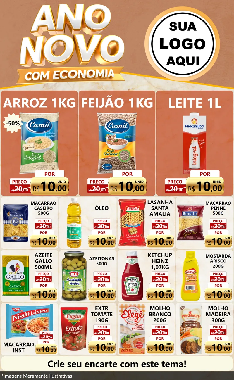 Modelo de Encarte para Encarte Grande com o tema Ano Novo Com Economia para Supermercado
