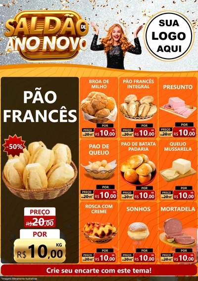 Modelo de Encarte para Encarte A4 Vertical com o tema Saldão de Ano Novo para Padaria