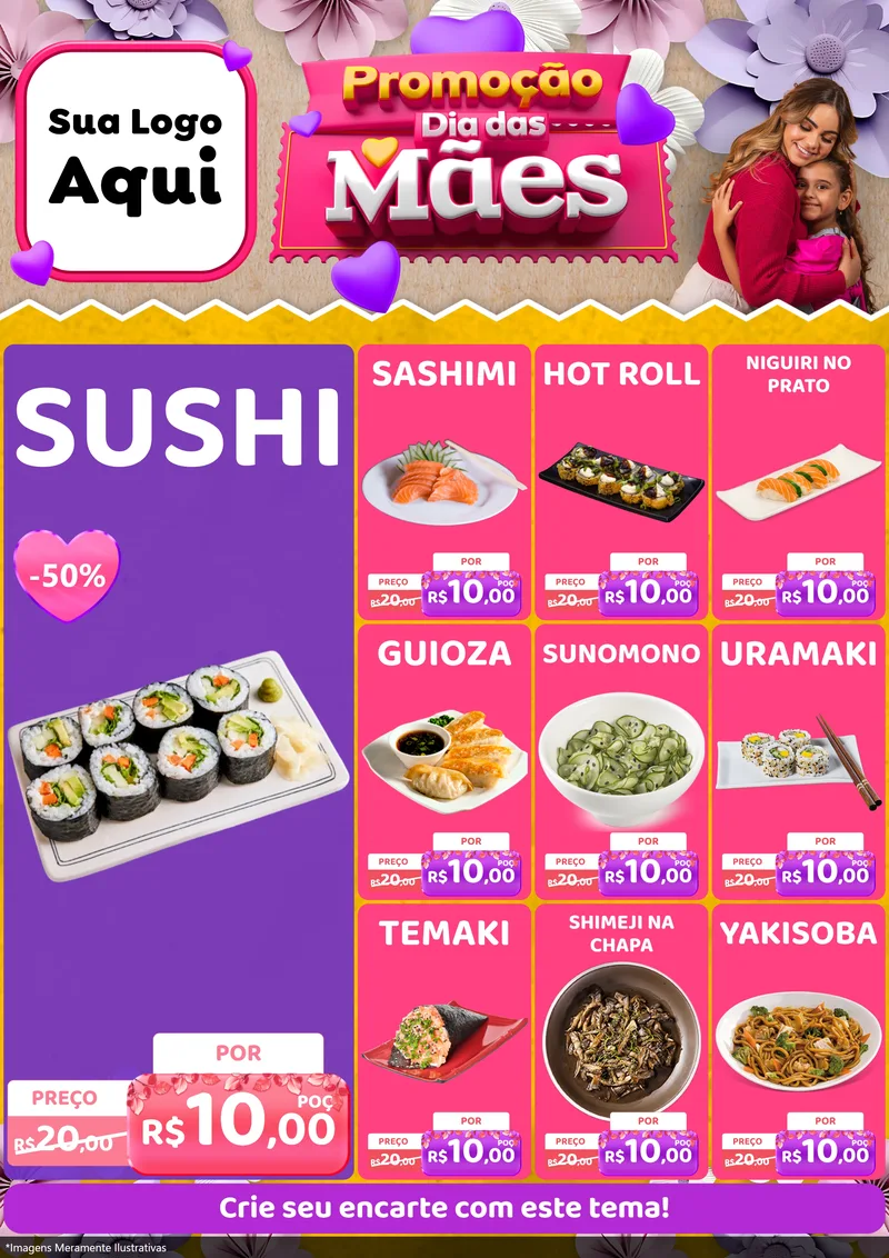 Modelo de Encarte para Encarte A4 Vertical com o tema Promoção Dia das Mães para Comida japonesa