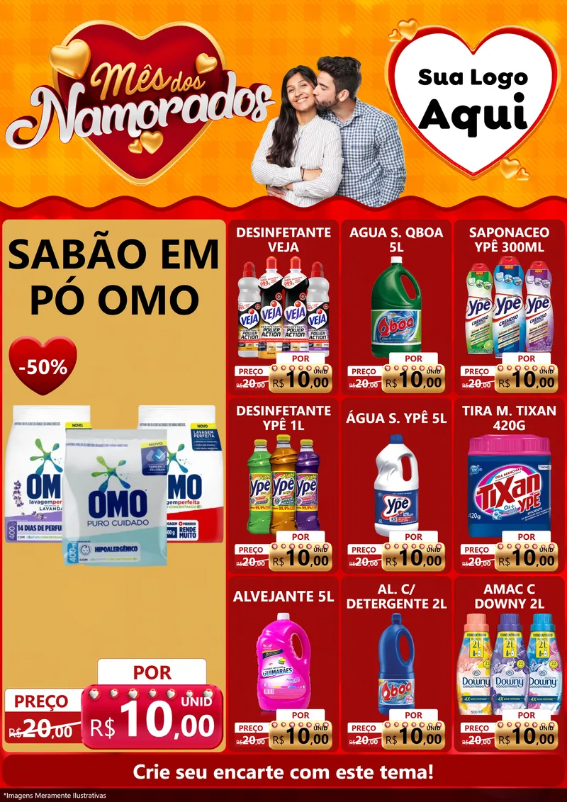 Modelo de Encarte para Encarte A4 Vertical com o tema Mês dos Namorados para Produtos de Limpeza