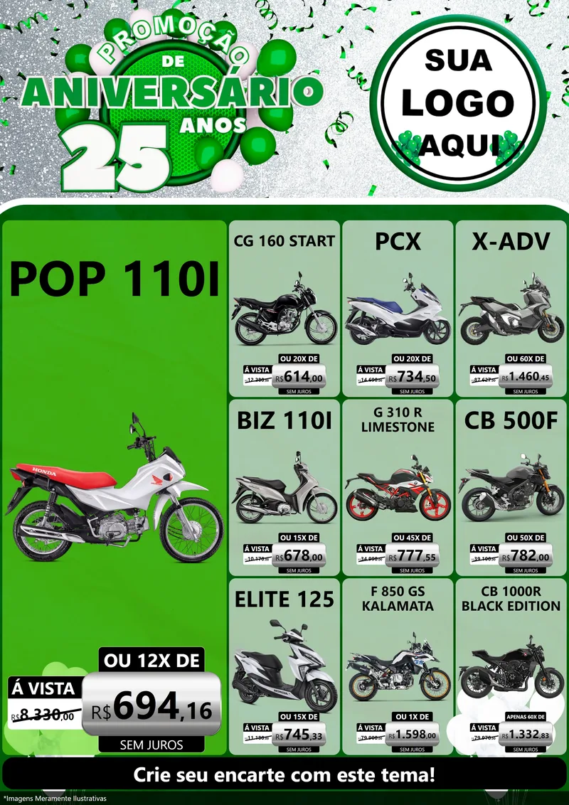Modelo de Encarte para Encarte A4 Vertical com o tema Promoção de Aniversário - 25 Anos para Concessionaria de Motos