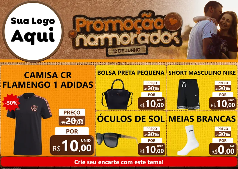 Modelo de Encarte para Encarte A4 Horizontal com o tema Promoção Namorados para Roupas e acessórios