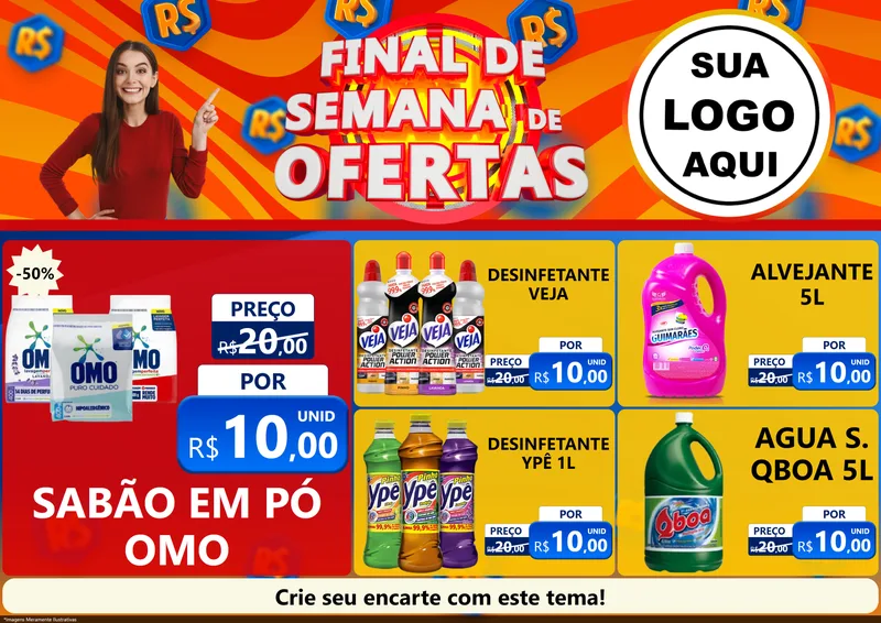 Modelo de Encarte para Encarte A4 Horizontal com o tema Final de Semana de Ofertas para Produtos de Limpeza
