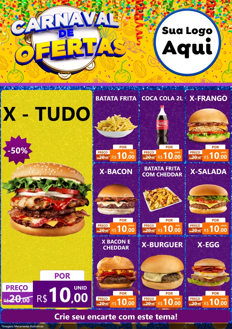 Modelo de Encarte para Encarte A4 Vertical com o tema Carnaval de Ofertas para Hamburgueria