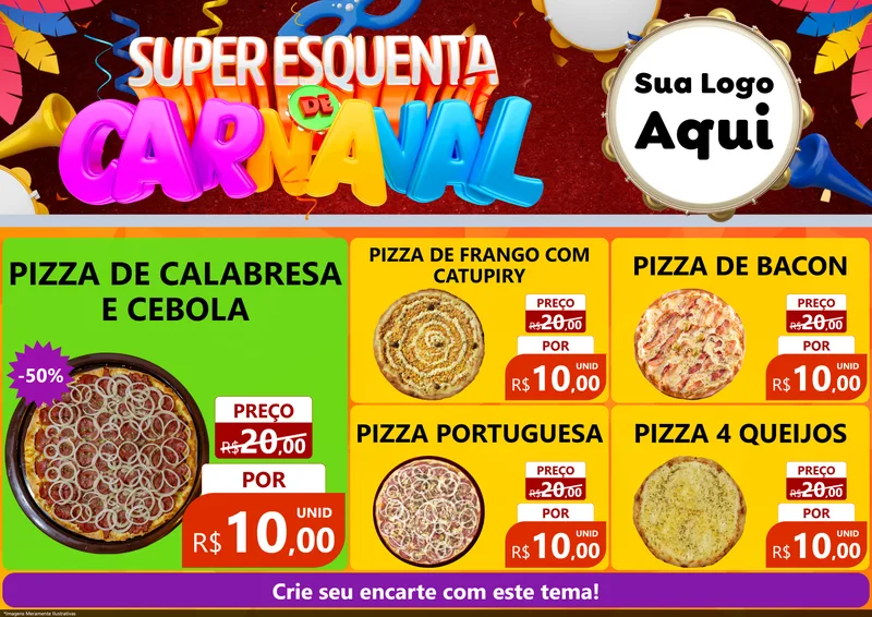 Modelo de Encarte para Encarte A4 Horizontal com o tema Super Esquenta de Carnaval para Pizzaria