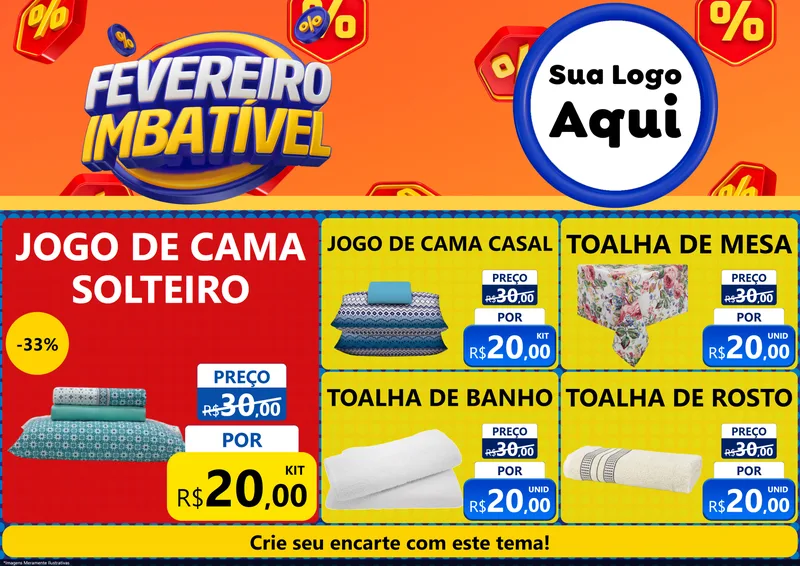 Modelo de Encarte para Encarte A4 Horizontal com o tema Fevereiro Imbatível para Cama, Mesa e Banho