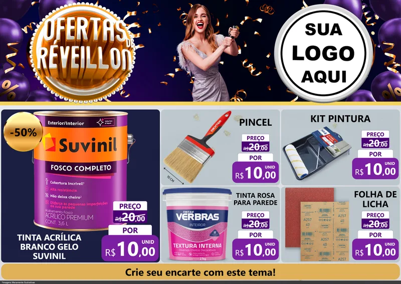 Modelo de Encarte para Encarte A4 Horizontal com o tema Ofertas de Réveillon para Tintas e Ferramentas