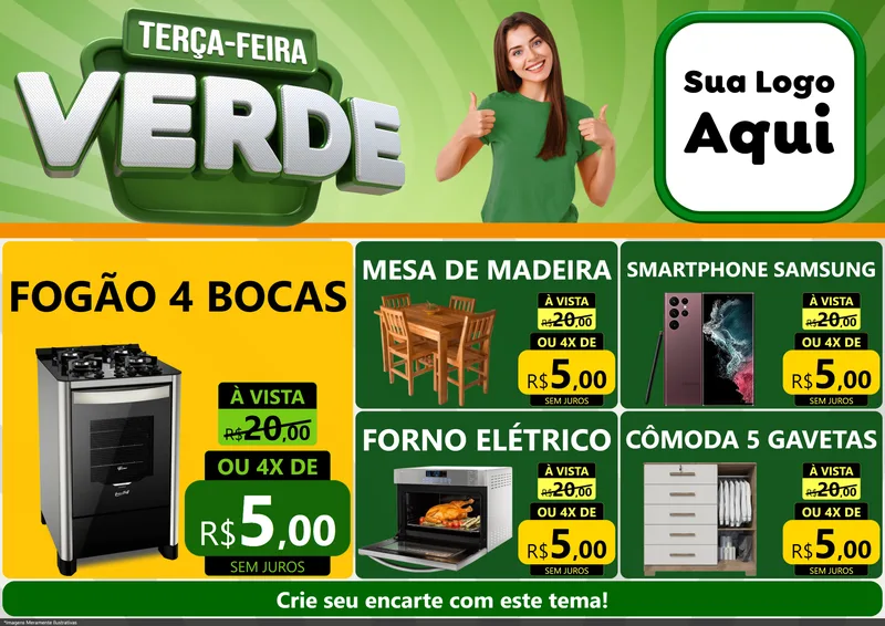 Modelo de Encarte para Encarte A4 Horizontal com o tema Terça - Feira Verde para Móveis e Eletro