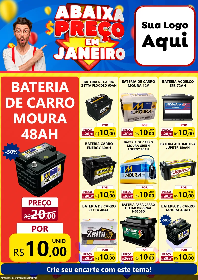Modelo de Encarte para Encarte A4 Vertical com o tema Abaixa Preço em Janeiro para Baterias Elétricas