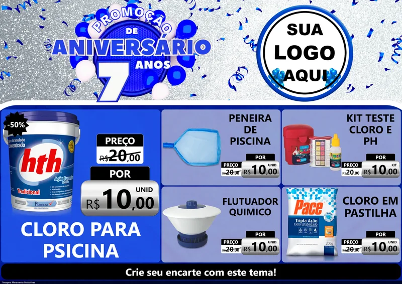 Modelo de Encarte para Encarte A4 Horizontal com o tema Promoção de Aniversário - 7 Anos para Produtos para Piscina