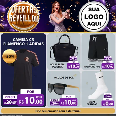 Modelo de Rede Social para Feed Facebook com o tema Ofertas de Réveillon para Roupas e acessórios