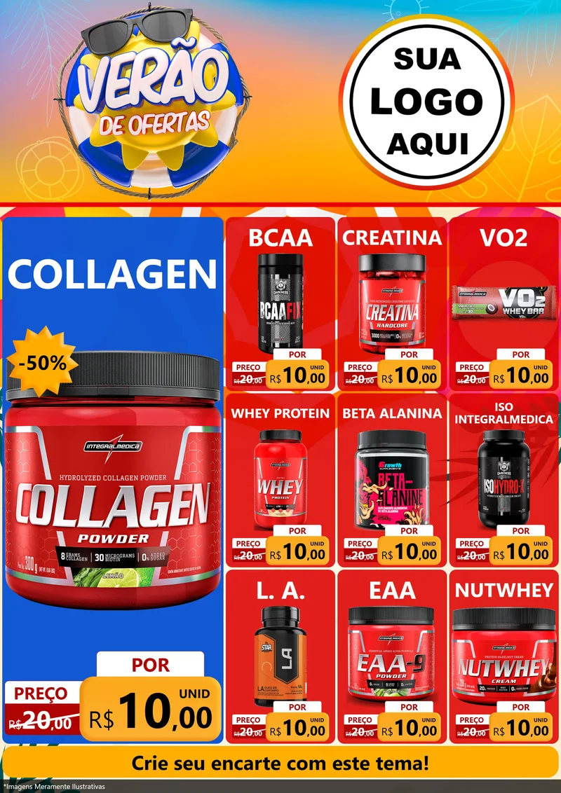 Modelo de Encarte para Encarte A4 Vertical com o tema Verão de Ofertas para Suplementos alimentares