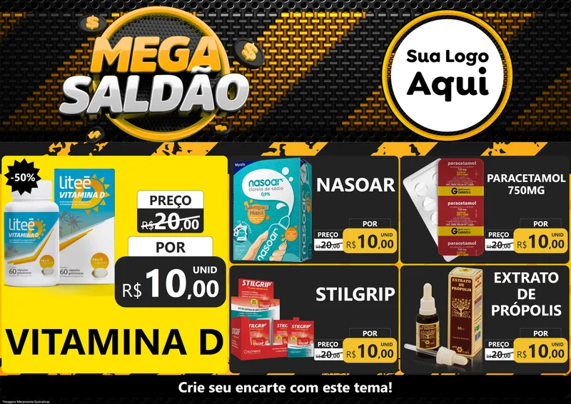Modelo de Encarte para Encarte A4 Horizontal com o tema Mega Saldão para Farmácia