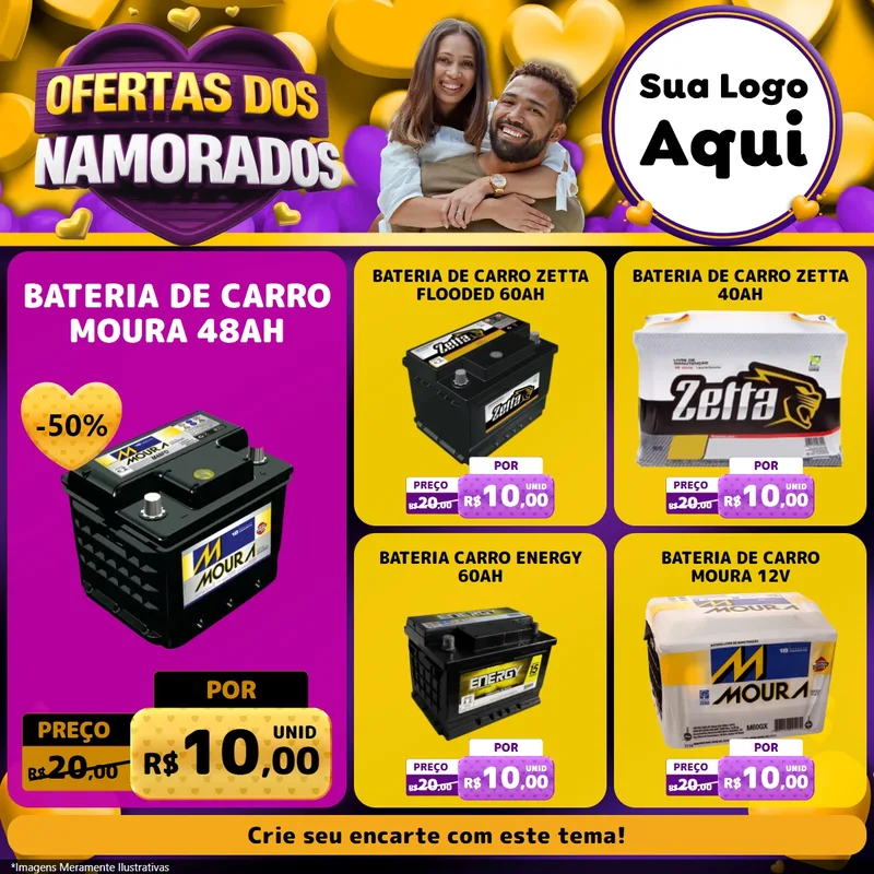 Modelo de Rede Social para Feed Facebook com o tema Oferta Dos Namorados para Baterias Elétricas