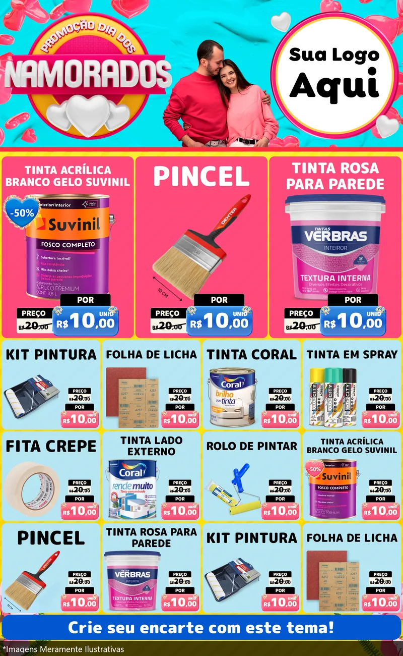 Modelo de Encarte para Encarte Grande com o tema Promoção Dia dos Namorados para Tintas e Ferramentas