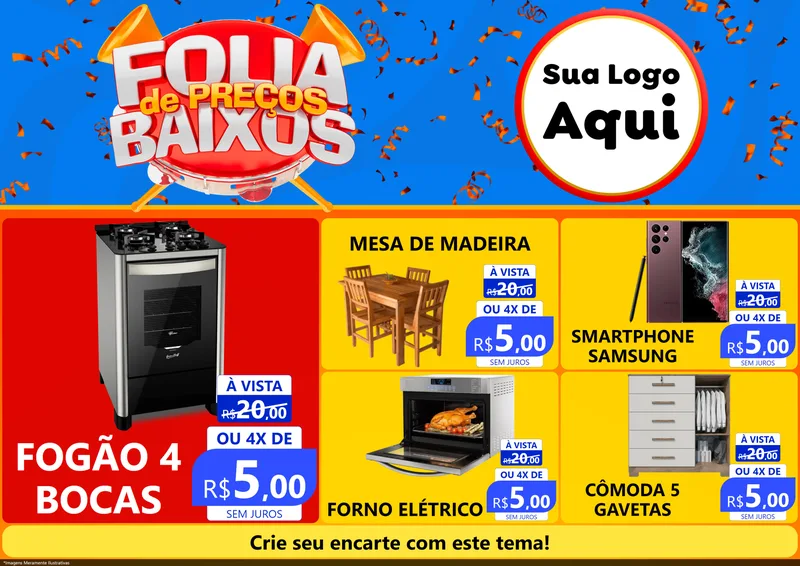 Modelo de Encarte para Encarte A4 Horizontal com o tema Folia de Preços Baixos para Móveis e Eletro