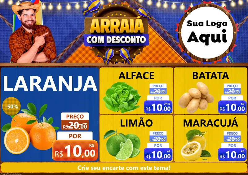 Modelo de Encarte para Encarte A4 Horizontal com o tema Arraiá Com Desconto para Hortifrúti