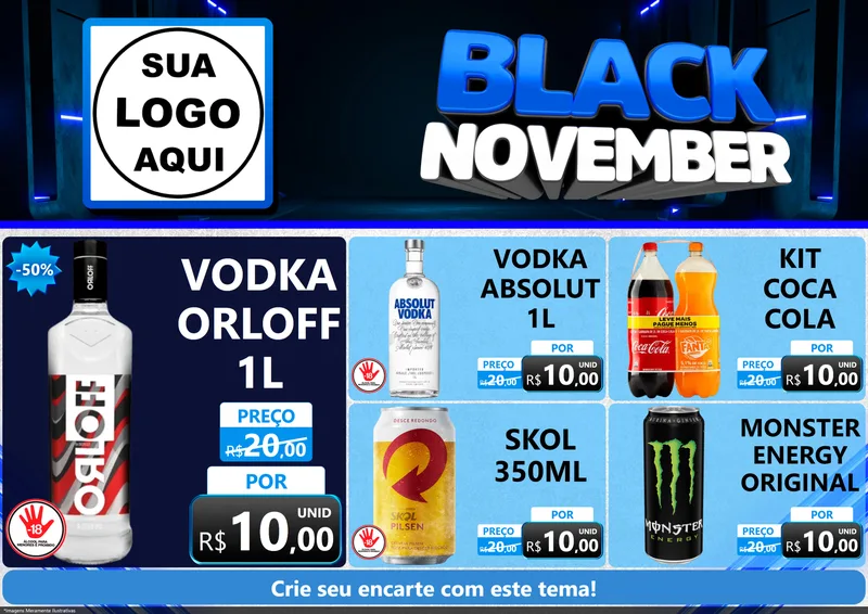 Modelo de Encarte para Encarte A4 Horizontal com o tema Black November para Distribuidora de bebidas