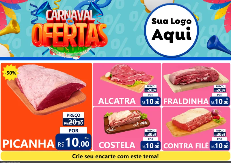 Modelo de Encarte para Encarte A4 Horizontal com o tema Carnaval de Ofertas para Açougue
