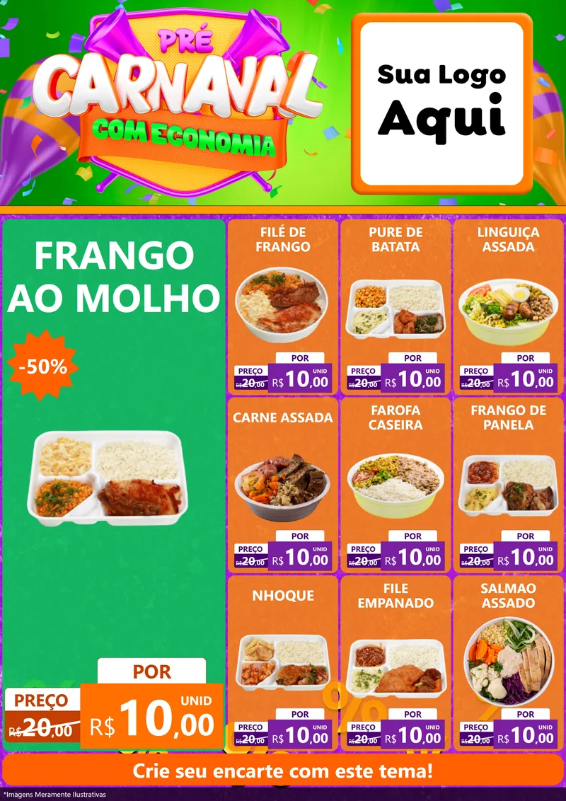 Modelo de Encarte para Encarte A4 Vertical com o tema Pré-Carnaval Com Economia para Restaurante