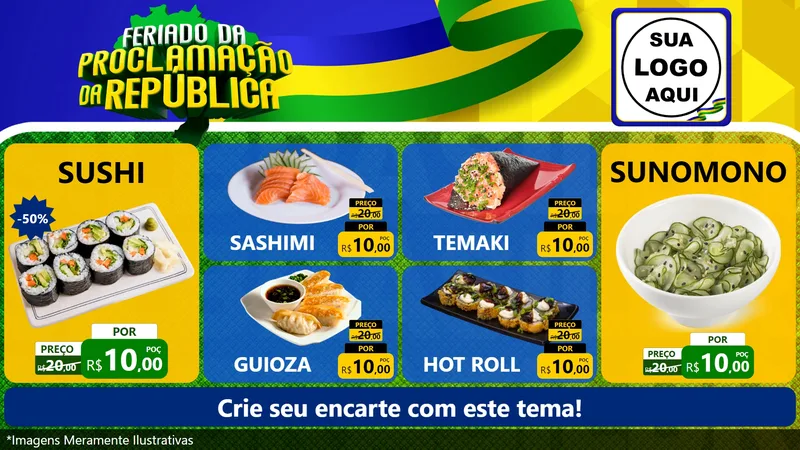 Modelo de TV para TV Horizontal com o tema Feriado da Proclamação da República para Comida japonesa
