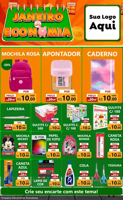 Modelo de Encarte para Encarte Grande com o tema Janeiro da Economia para Papelaria