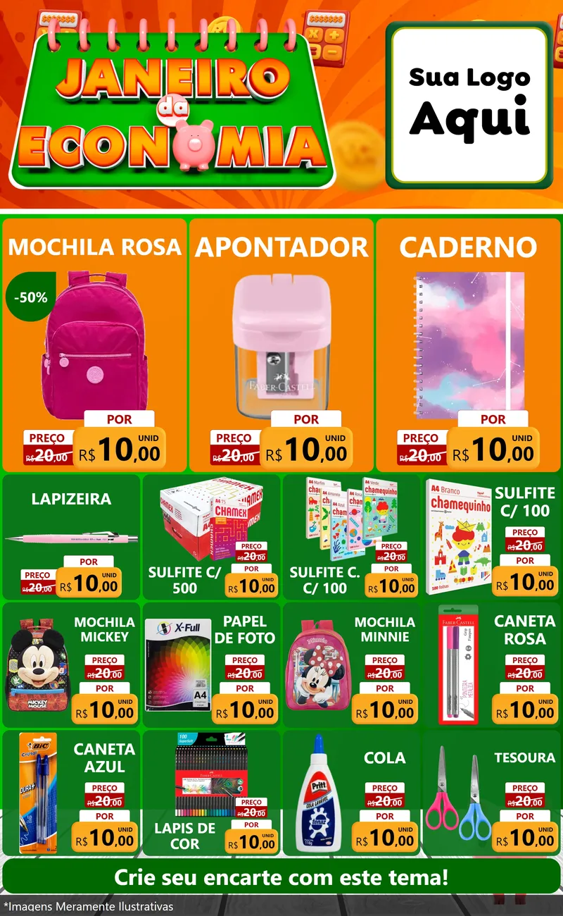 Modelo de Encarte para Encarte Grande com o tema Janeiro da Economia para Papelaria