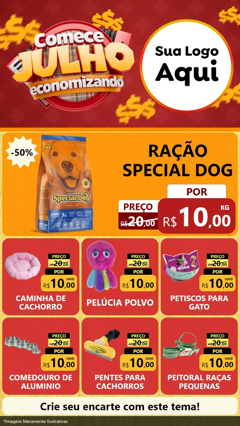 Modelo de Rede Social para Stories com o tema Comece Julho Economizando para Pet Shop