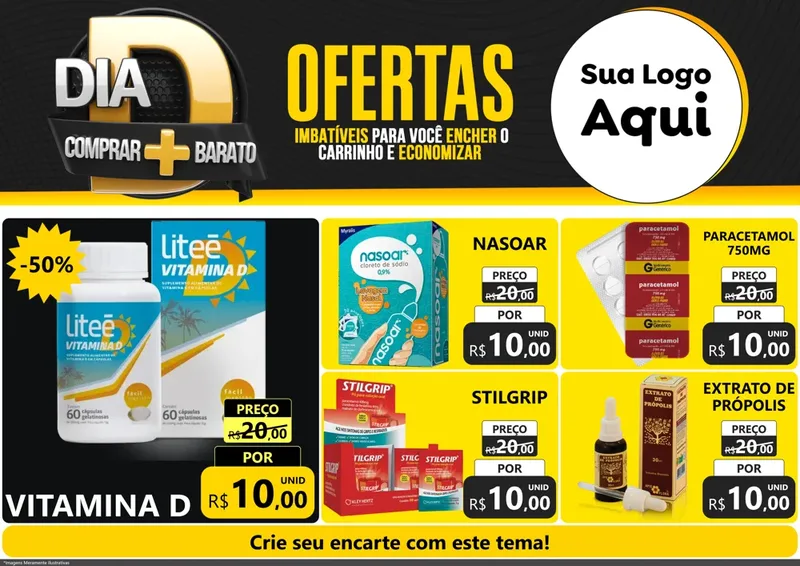 Modelo de Encarte para Encarte A4 Horizontal com o tema Dia D Mais Economia para Farmácia