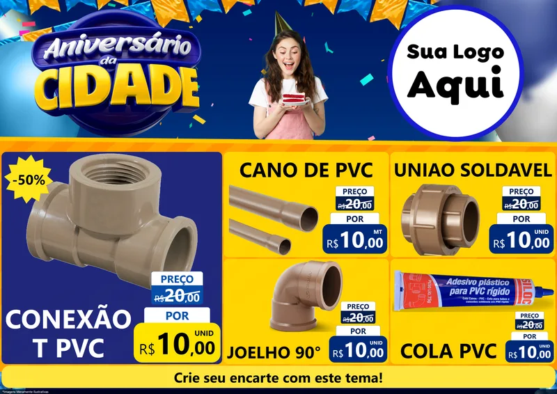 Modelo de Encarte para Encarte A4 Horizontal com o tema Aniversário da Cidade para Tubos e conexões