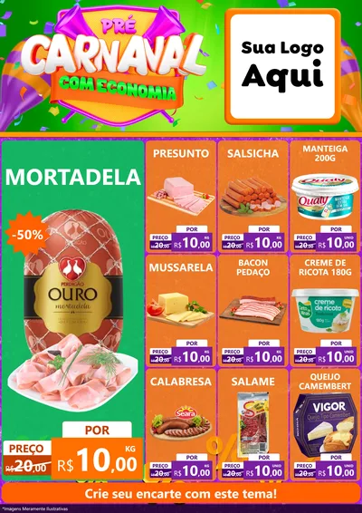 Modelo de Encarte para Encarte A4 Vertical com o tema Pré-Carnaval Com Economia para Frios e Laticínios