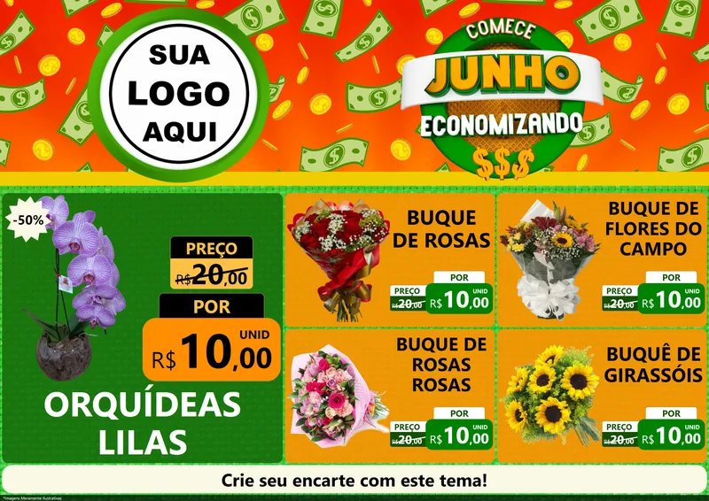 Modelo de Encarte para Encarte A4 Horizontal com o tema Comece Junho Economizando para Floricultura e jardim
