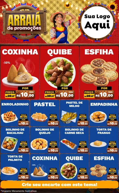 Modelo de Encarte para Encarte Grande com o tema Arraiá de Promoções para Salgadaria