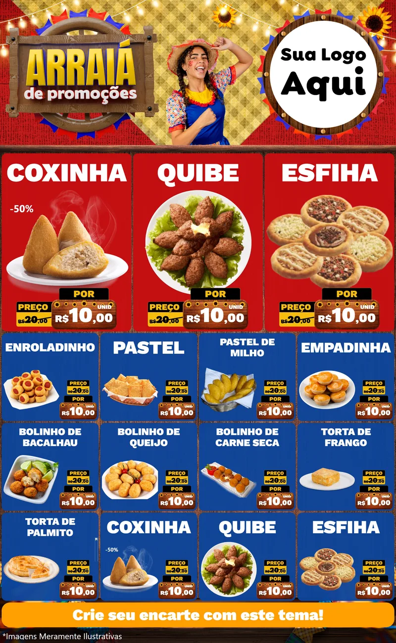 Modelo de Encarte para Encarte Grande com o tema Arraiá de Promoções para Salgadaria