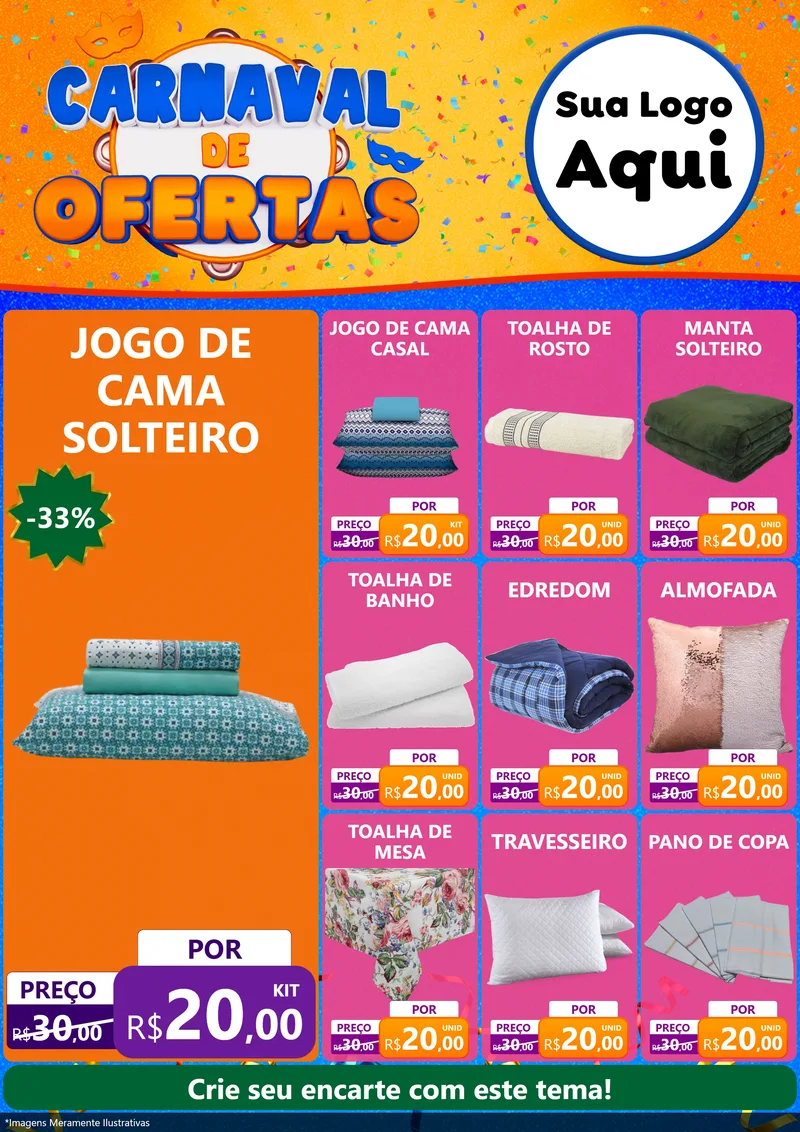 Modelo de Encarte para Encarte A4 Vertical com o tema Carnaval de Ofertas para Cama, Mesa e Banho