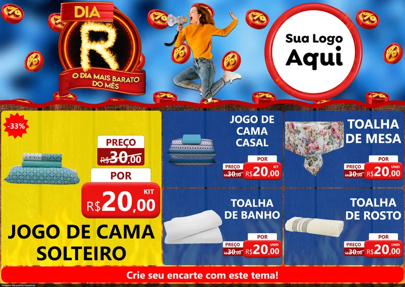 Modelo de Encarte para Encarte A4 Horizontal com o tema Dia R - O Dia Mais Barato Do Mês para Cama, Mesa e Banho