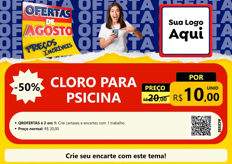 Modelo de Cartaz para Cartaz A4 Horizontal com o tema Ofertas de Agosto - Preços Incríveis para Produtos para Piscina