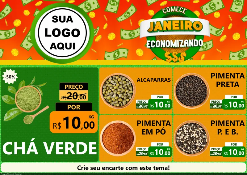 Modelo de Encarte para Encarte A4 Horizontal com o tema Comece Janeiro Economizando para Produtos Naturais